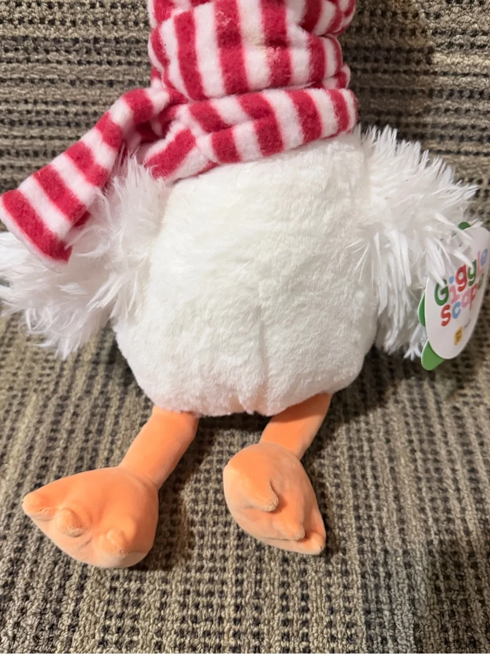Plush White Duck Toy with Green Earmuffs and Red Striped Scarf